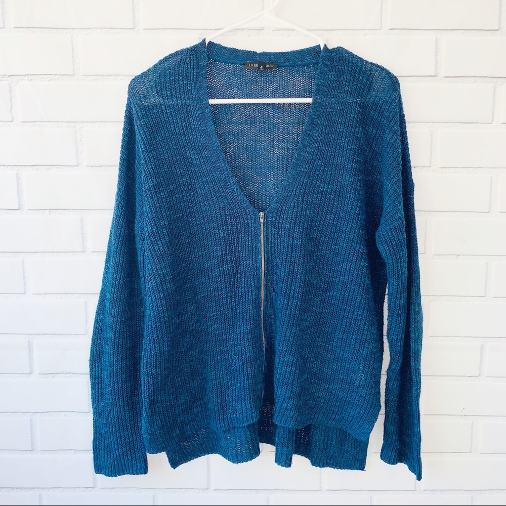 Eileen Fisher Boxy Front Zip Cardigan Blue Ribbed